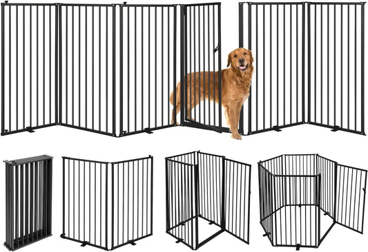 6-Panel Freestanding Metal Dog Gate with Door, 120''W Foldable Pet Fence for Indoor/Outdoor Use, 32''H Tall