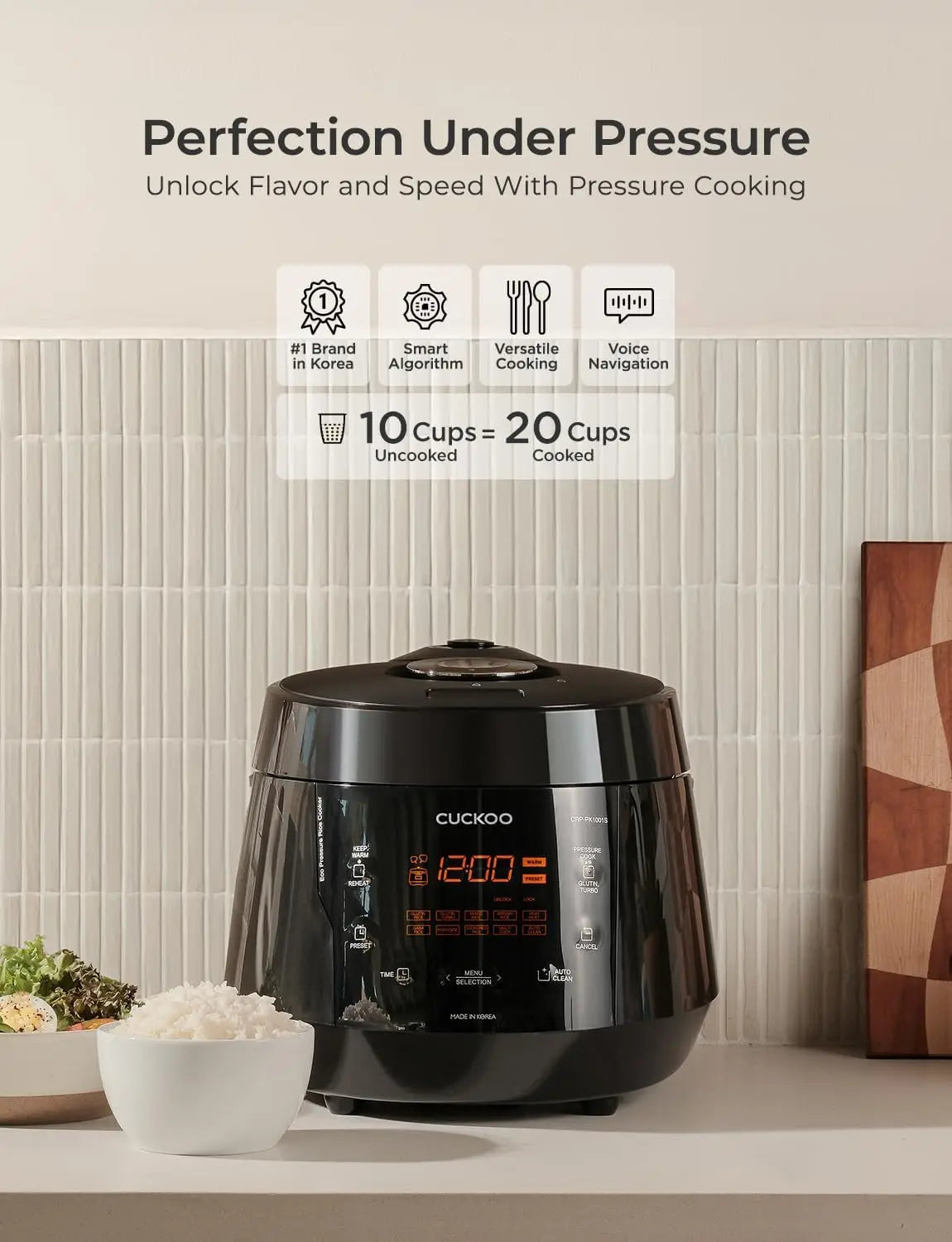 10-Cup High Pressure Rice Cooker with Nonstick Pot, 13 Menu Options, Auto Clean & Fuzzy Logic Tech