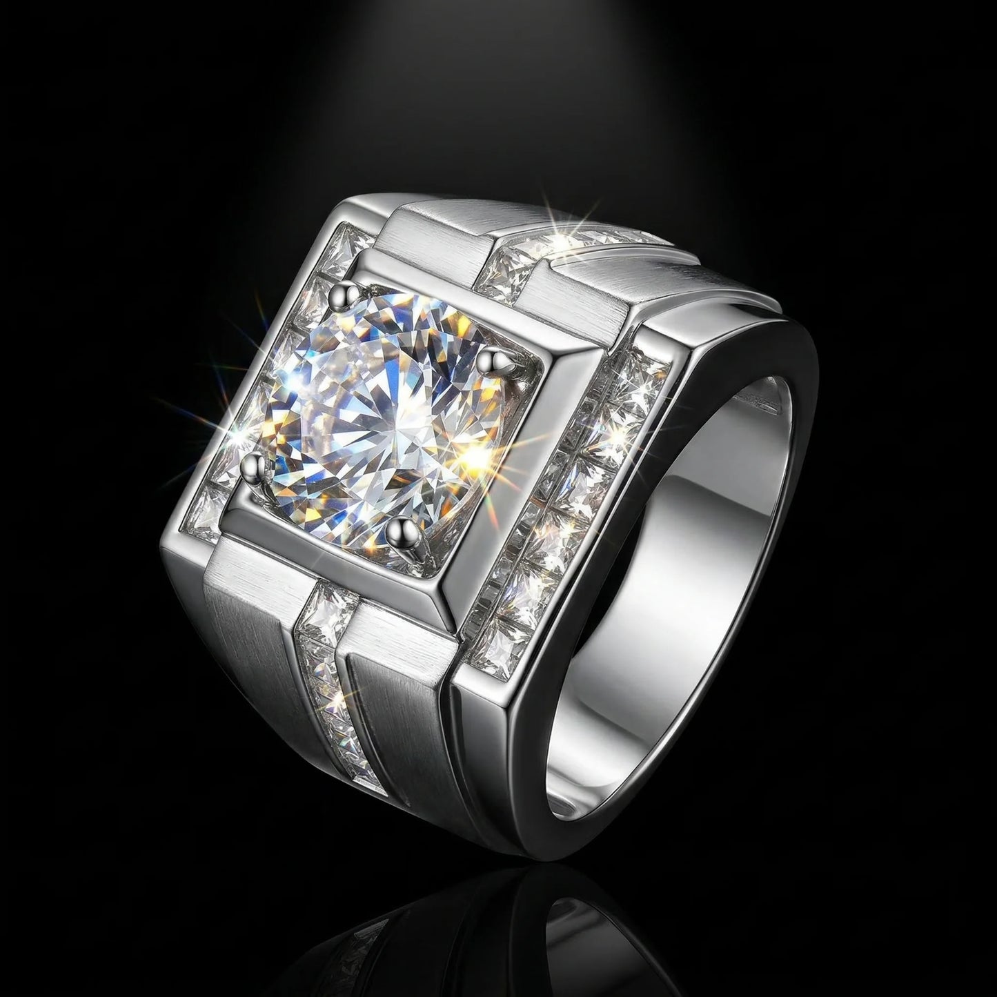 4 Carat Round Moissanite Ring, 925 Silver, D Color VVS1, Square Halo Channel Set, Men's Wedding Band, Pass Diamond Tester