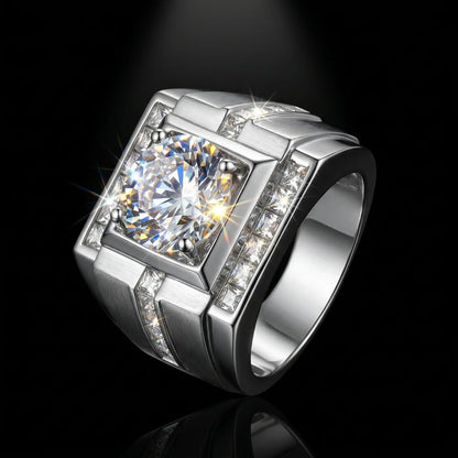 4 Carat Round Moissanite Ring, 925 Silver, D Color VVS1, Square Halo Channel Set, Men's Wedding Band, Pass Diamond Tester