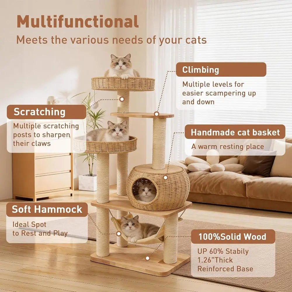 55 Tall Indoor Cat Tree with Multi-Level Platforms, Scratching Post, and Hammock for Large Cats