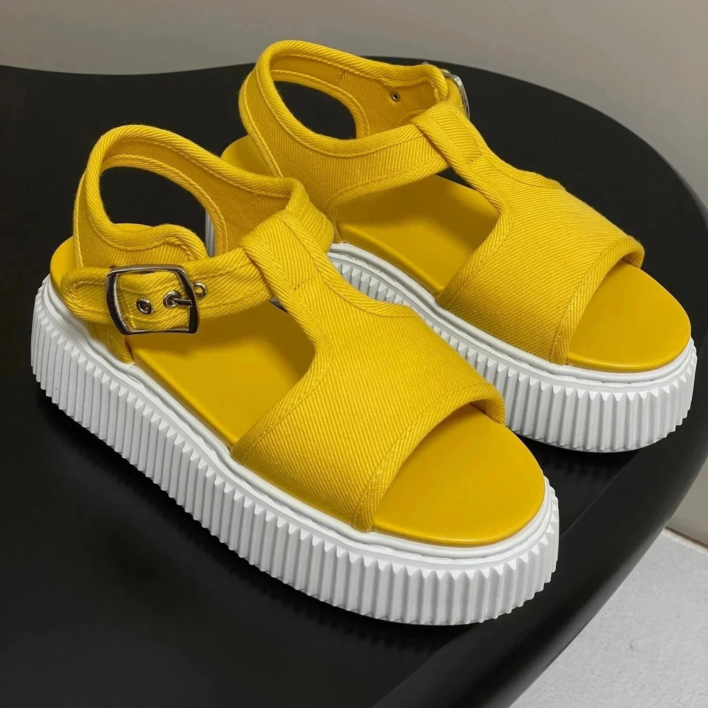 Newest Summer Canvas Shoes Fabric Open-Toe Thick Sole Buckle-Strap Woman Sandals Platform Mary Janes Gladiator Sandals