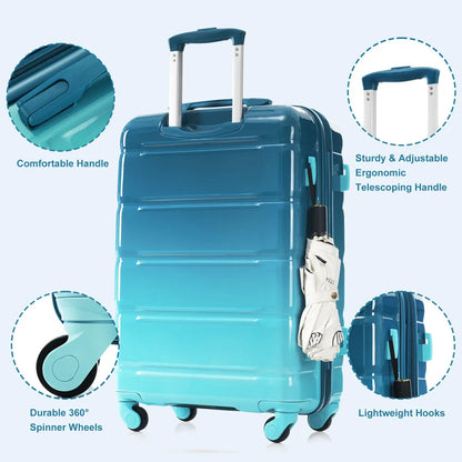 20 Inch 5 Piece ABS+PC Hard Shell Luggage Set USB Port Travel Bag Spinner Wheels Durable Suitcase Blue