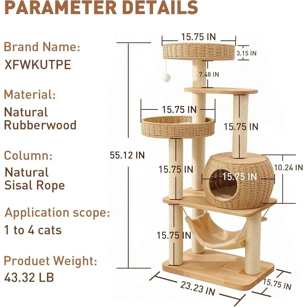 55 Tall Indoor Cat Tree with Multi-Level Platforms, Scratching Post, and Hammock for Large Cats