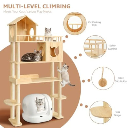 Wood Cat Tree for Automatic Litter Box 74.4" Tall Cat Tower for Self Cleaning Litter Box Cats Tree for Indoor Cats Large Adult