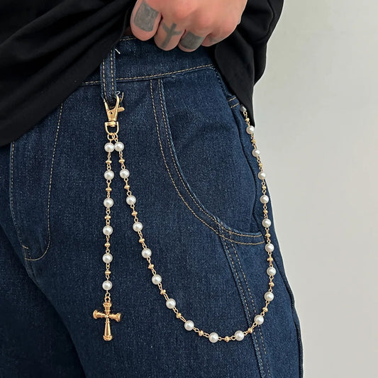 Ingemark Creative Cross Pendant Imitation Pearl Keychain Wallet Belt Chain for Men Women Trousers Hipster Jeans Chain Jewelry