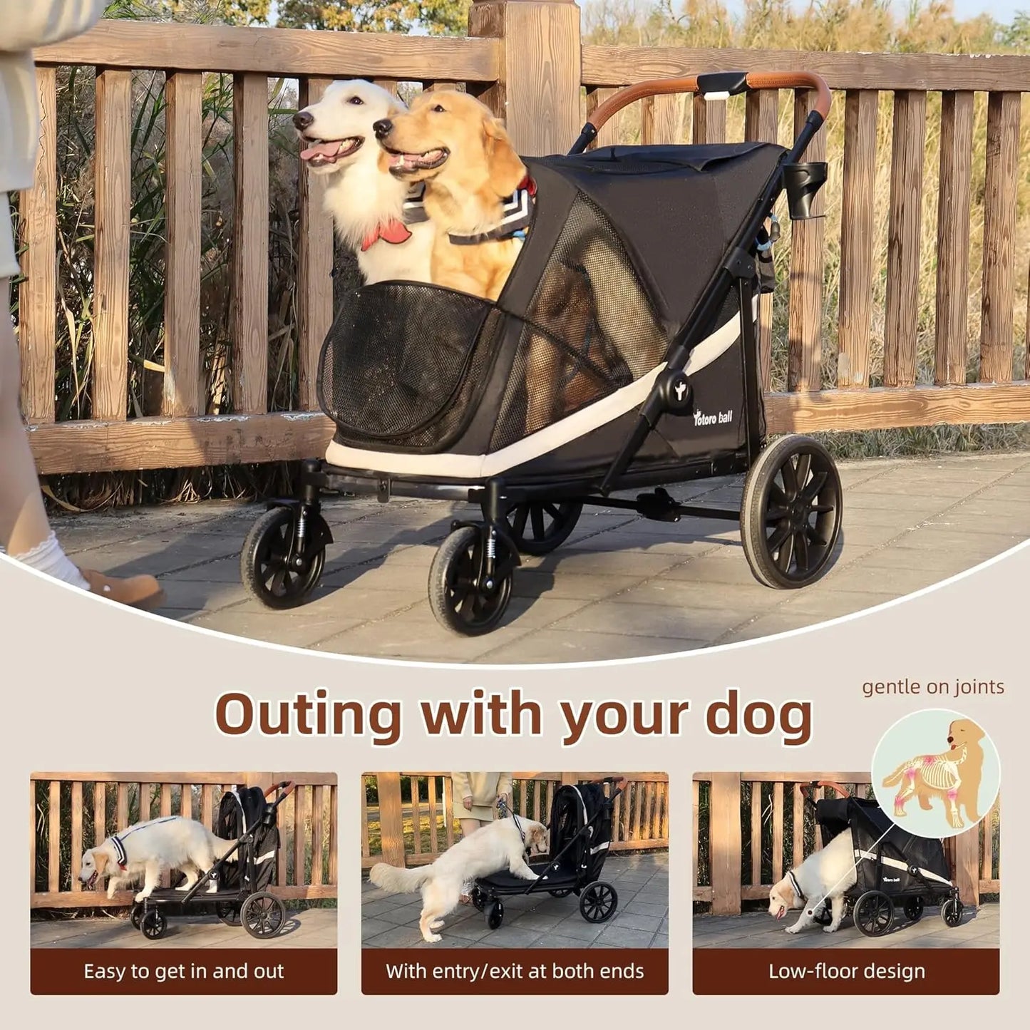 Large Dog Stroller for 2 Pets, One-Click Foldable with Storage, Holds Up to 80LBS