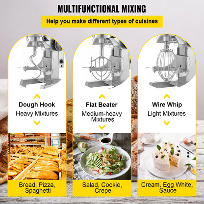 SucceBuy 10- 30L Electric Dough Machine Stainless Steel Commercial Cream Egg Whisk Mixer Processor Kitchen Food Stand Blender