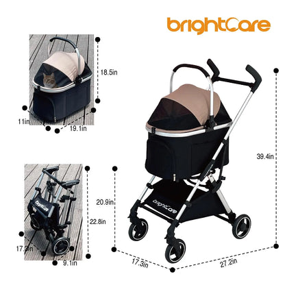 Lightweight Pet Stroller for Small Dogs & Cats Under 20 lb, Converts to Car Seat, One-Hand Fold