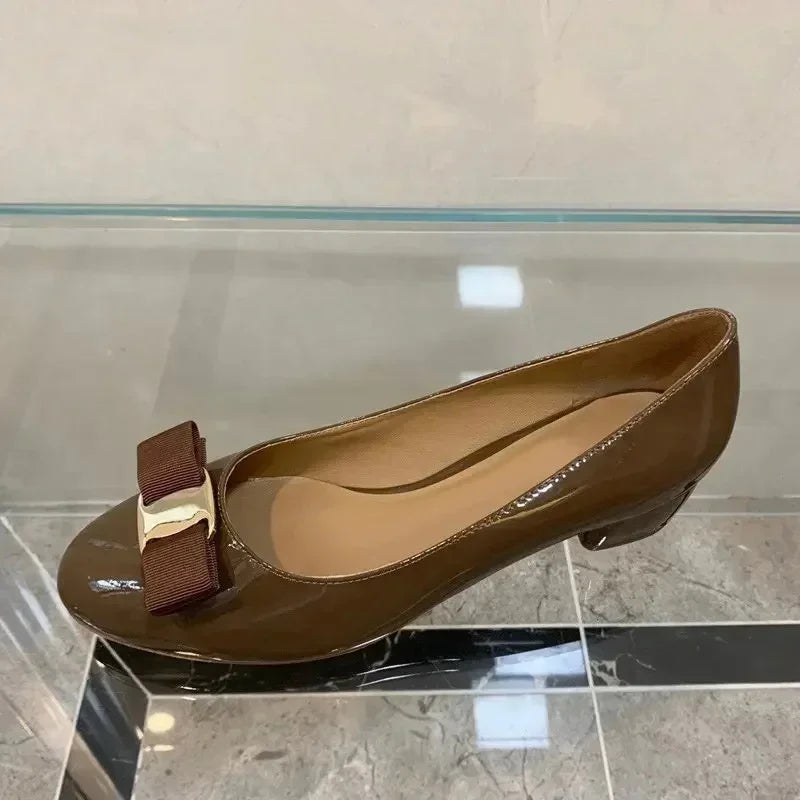 2025 Ballet flats new leather round head shallow bow multifunctional single shoes women's leather bow bow design