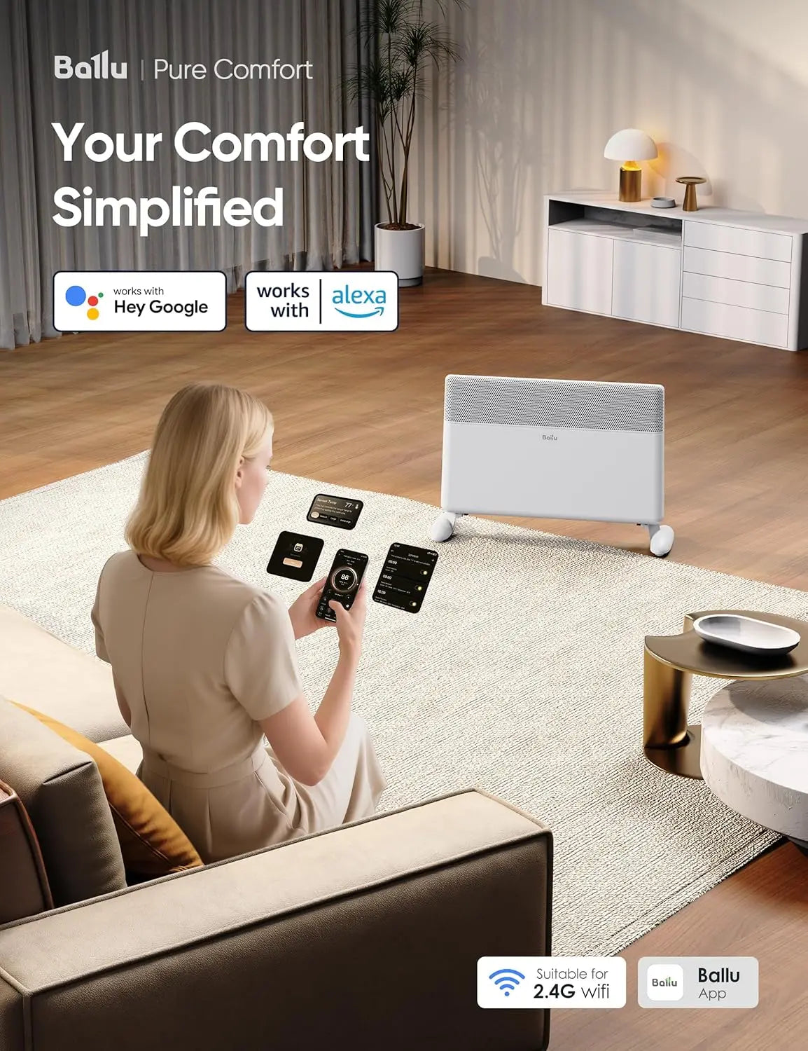 1500W Electric Convection Panel Heater for Large Room with Programmable Thermostat Wifi App Control Standing Wall Mount Smart Qu