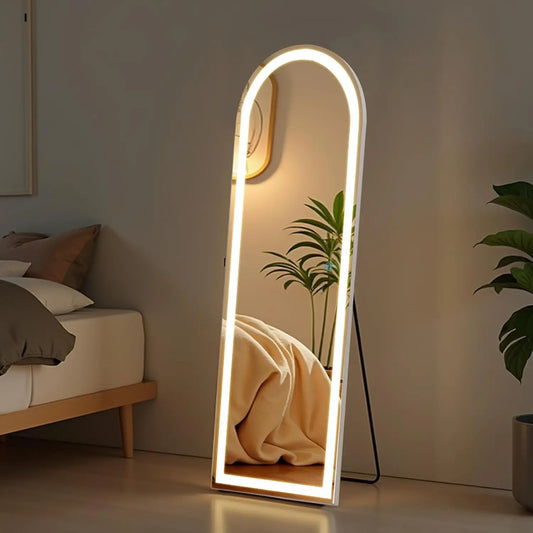 Arched Full Length Mirror with Stand 21"×63", LED Light Floor Standing with 3 Color Lighting for Bedroom Body Hanging Modern Si
