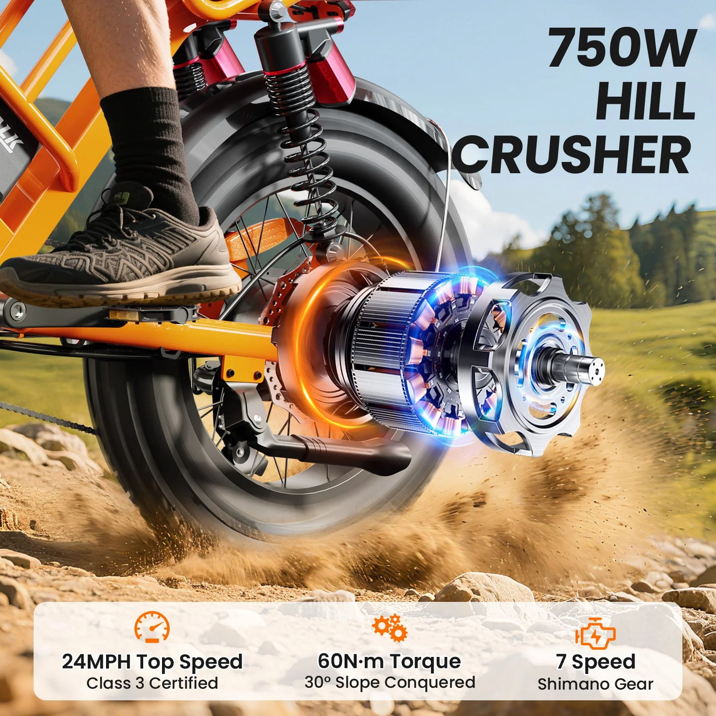 Spacewalk 750W M7 Electric Bike for Adults,24.9MPH 70 Miles,48V 15.6Ah Electric Dirt Bike,20" Fat Tire,7-Speed All Terrain EBike