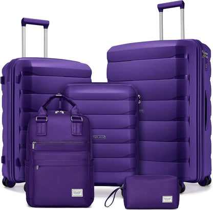 5-Piece Luggage Set with Spinner Wheels, Backpack for Women - Purple (3 Suitcases)