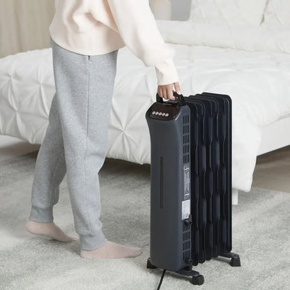 Portable Oil Space Heater with Remote Control, 7 OilFilled Fins, Adjustable Thermostat, 3 Heat Settings, TipOver and Overheat Pr