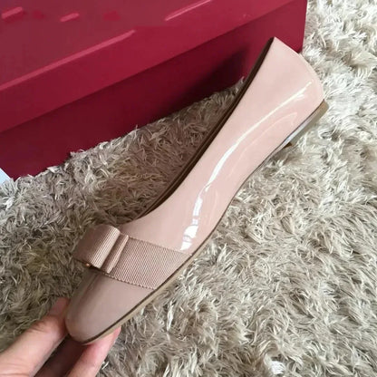 2025 Ballet flats new leather round head shallow bow multifunctional single shoes women's leather bow bow design