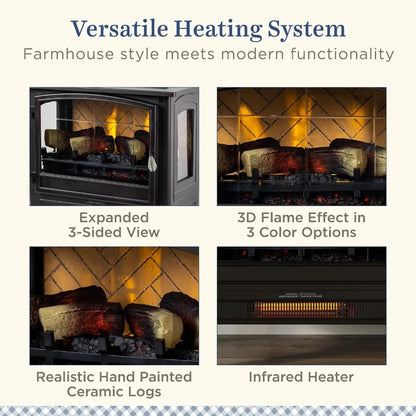 Infrared Freestanding Electric Fireplace Stove Heater in Bronze with Multiple Flame Colors and Faux Wooden Logs Metal Design Al