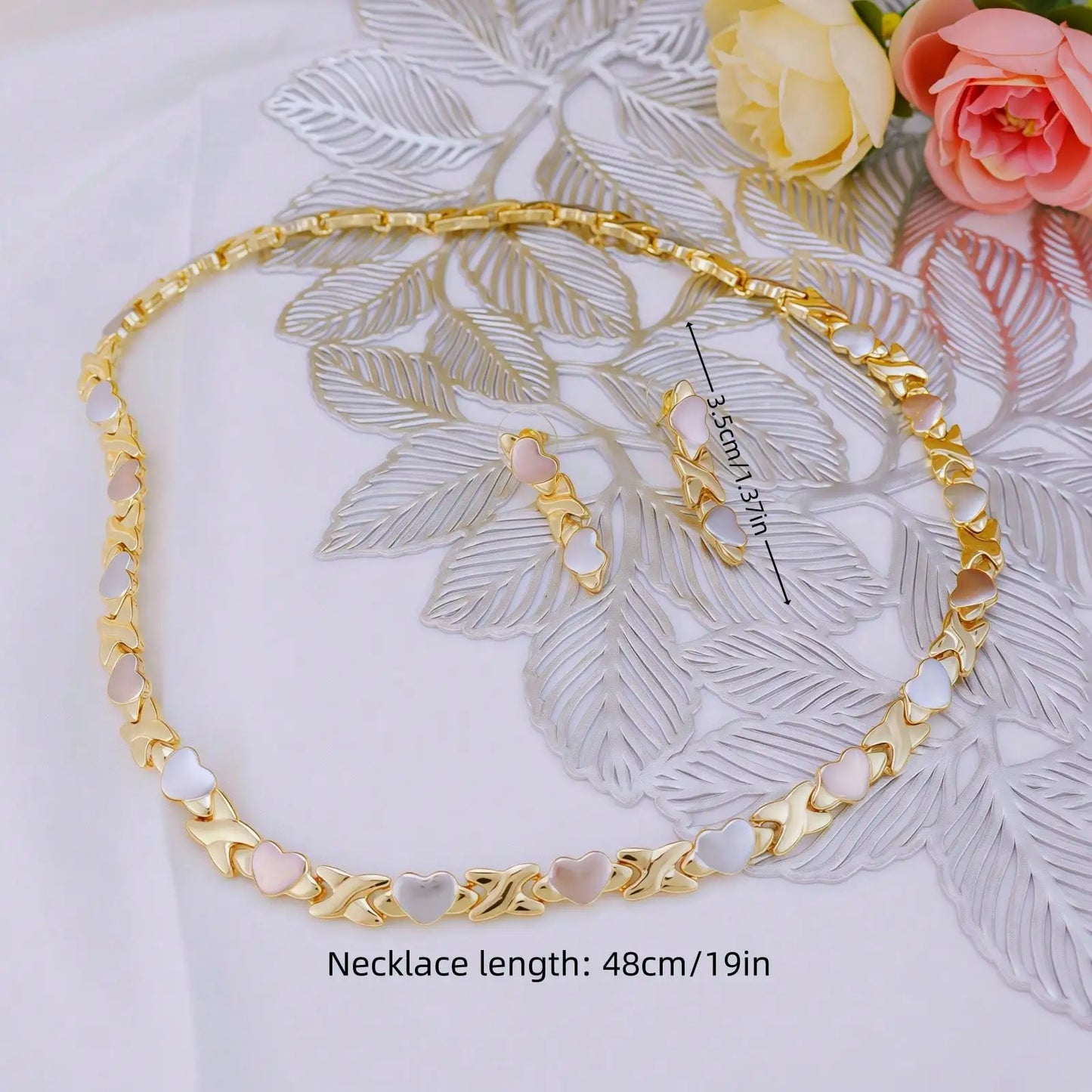 Gold Plated Heart Necklace & Earrings Set for Women, Tricolor XOXO Design, Wedding Bridal Dress Accessory