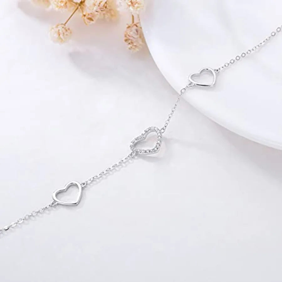 10k White Gold Three Heart Anklets for Women Love Ankle Bracelet Foot Jewelry for Wife Gifts for Her 9.4-11