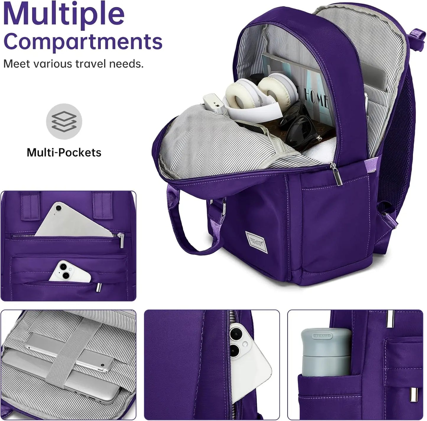 5-Piece Luggage Set with Spinner Wheels, Backpack for Women - Purple (3 Suitcases)