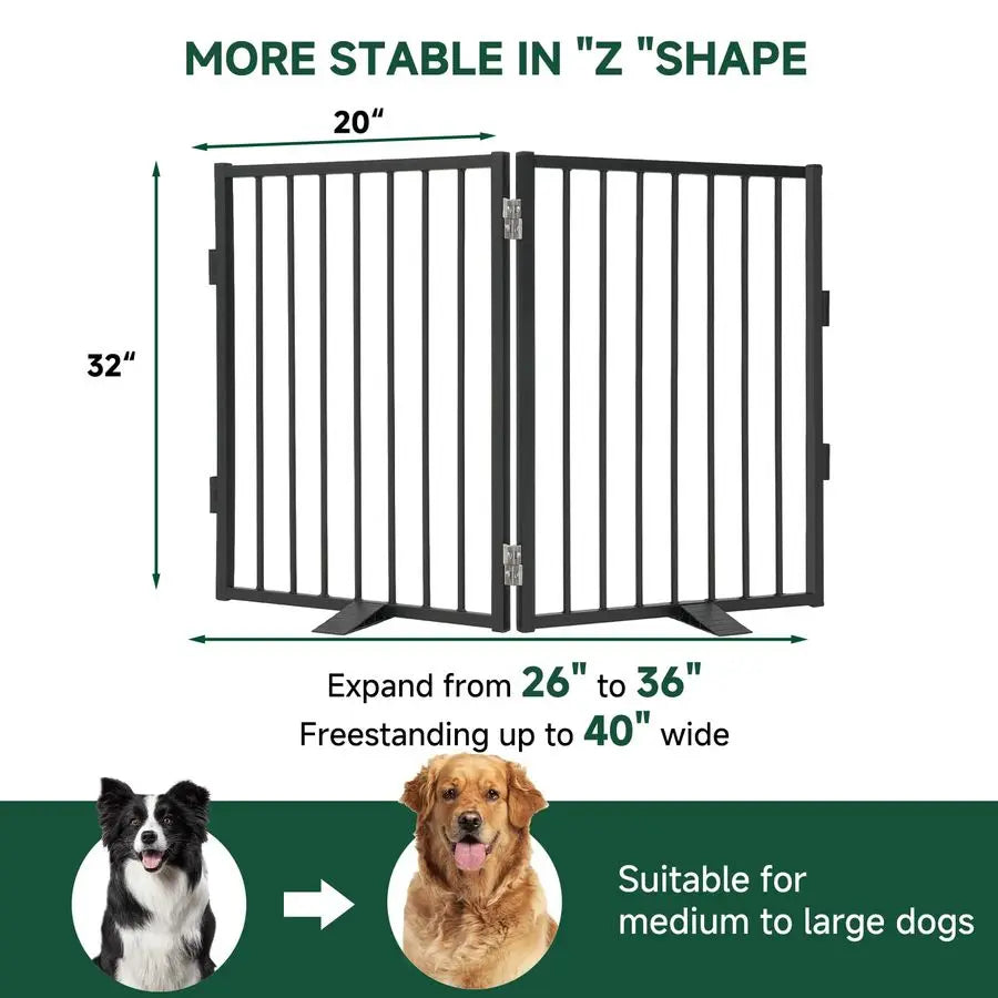 Full Metal Freestanding Dog Gate,Indoor Pet Gate with Floor Protect Support Feet, 40x32Inches Foldable Dog Fence for Stairs, Hal