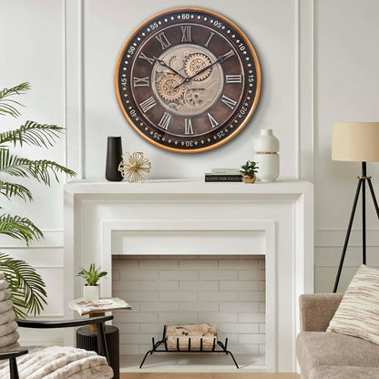 24 Inch Moving Gears Wall Clock, Industrial Steampunk Antique Gold Roman Numeral Decor for Living Room