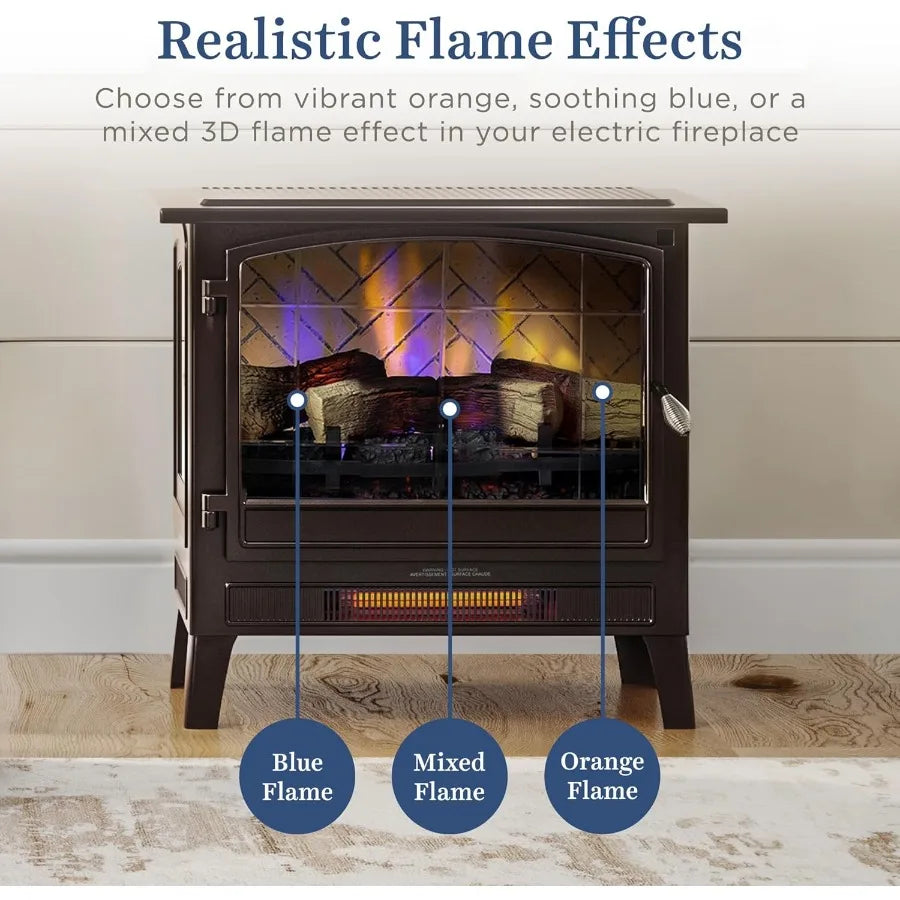 Infrared Freestanding Electric Fireplace Stove Heater in Bronze with Multiple Flame Colors and Faux Wooden Logs Metal Design Al