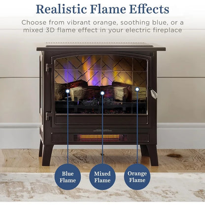 Infrared Freestanding Electric Fireplace Stove Heater in Bronze with Multiple Flame Colors and Faux Wooden Logs Metal Design Al