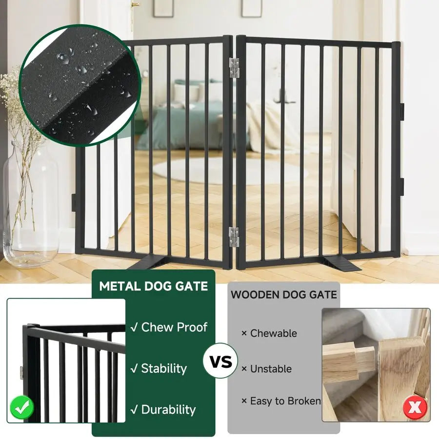 Full Metal Freestanding Dog Gate,Indoor Pet Gate with Floor Protect Support Feet, 40x32Inches Foldable Dog Fence for Stairs, Hal
