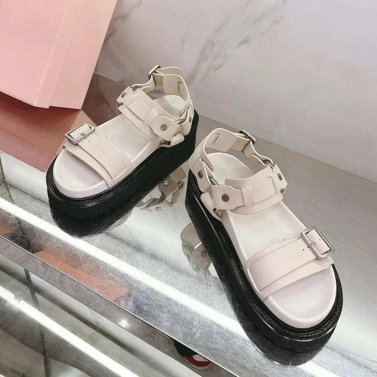 2025 Summer Newest Retro Genuine Leather Open-Toe Thick Sole Buckle-Strap Woman Sandals Mary Janes Beacg Shoes Mules
