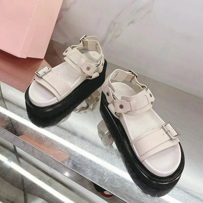 2025 Summer Newest Retro Genuine Leather Open-Toe Thick Sole Buckle-Strap Woman Sandals Mary Janes Beacg Shoes Mules
