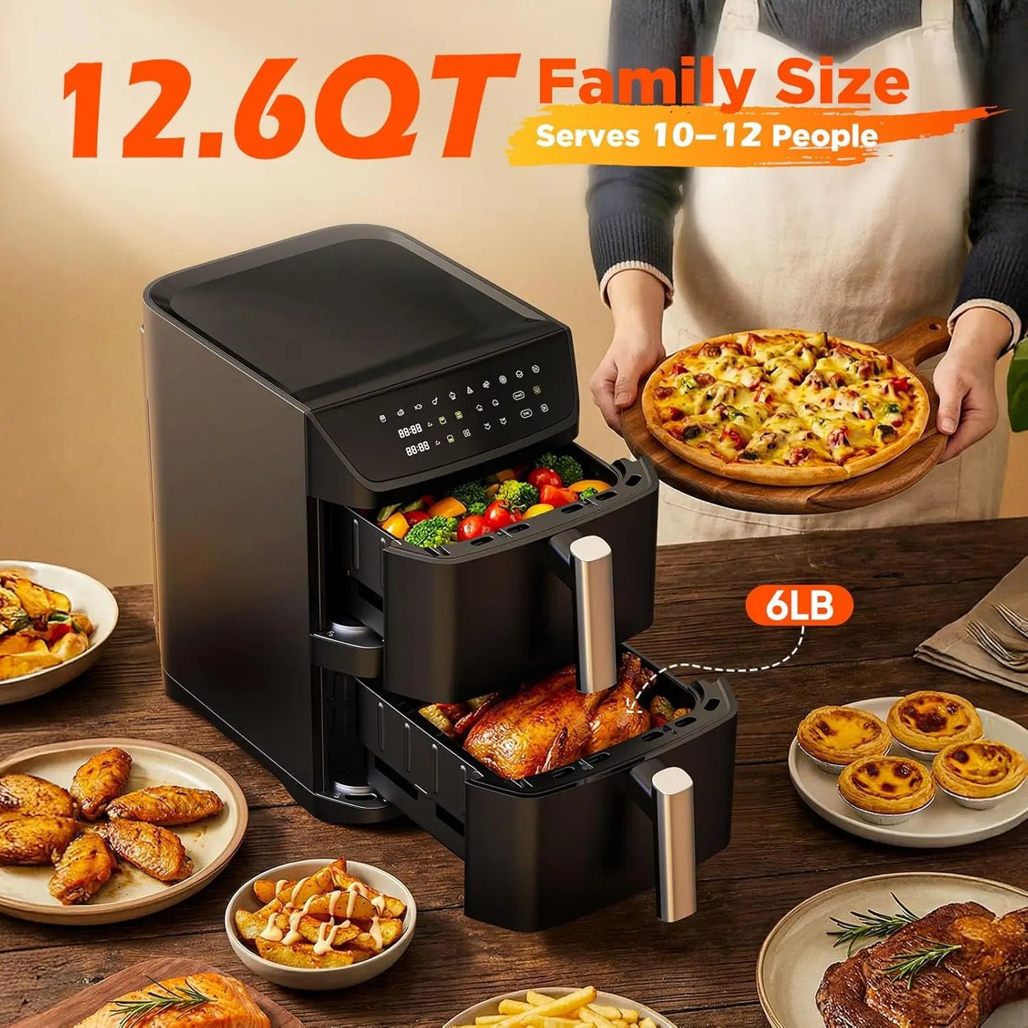 12.6QT Dual Basket Air Fryer for 10-12 People, XL Basket Fits 6LB Chicken, 10-in-1 Functions with SyncFinish