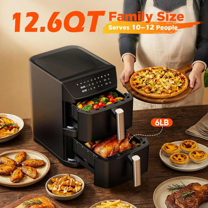12.6QT Dual Basket Air Fryer for 10-12 People, XL Basket Fits 6LB Chicken, 10-in-1 Functions with SyncFinish