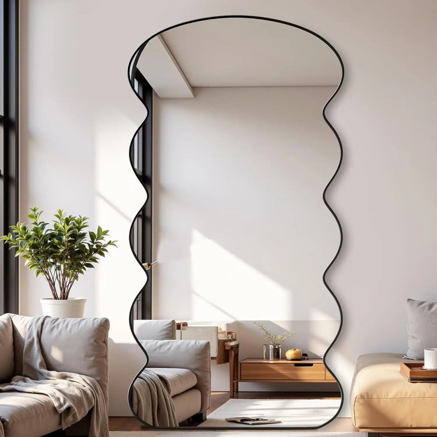 71"x28" Wavy Full Length Mirror with Stand for Bedroom, Living Room, Black - Tiltable & Wall Mountable