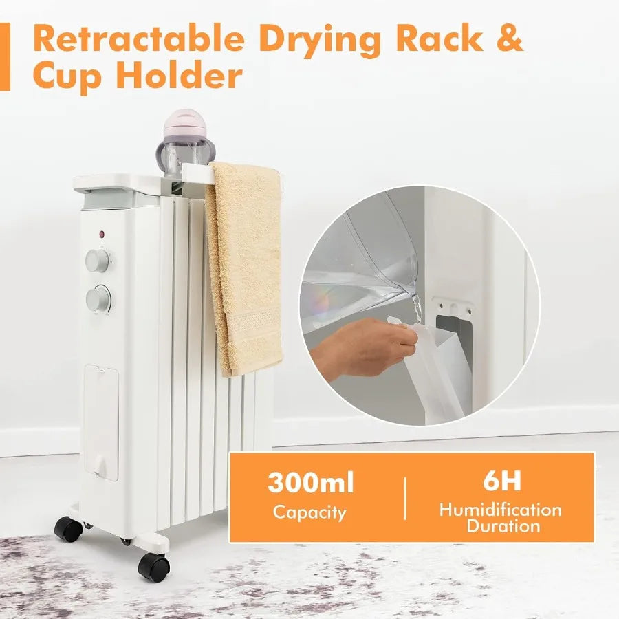 Oil-Filled Radiator Heater 1500W Electric Space Heater with 3 Heat Settings Thermostat Overheat Tip-Over Protection Hanging Rac