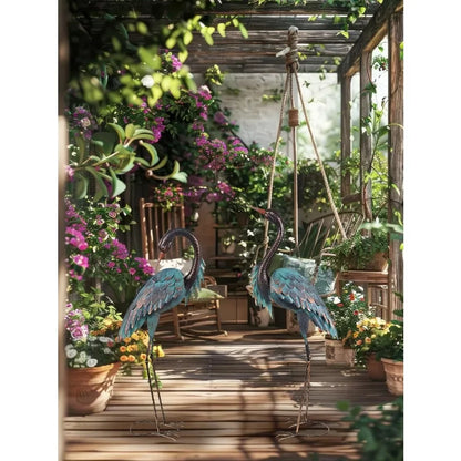 Garden Decor Outdoor Statues 40"/37" Large Metal Heron Standing Yard Art Blue Crane Lawn Sculptures Garden Decor for Outside Pa