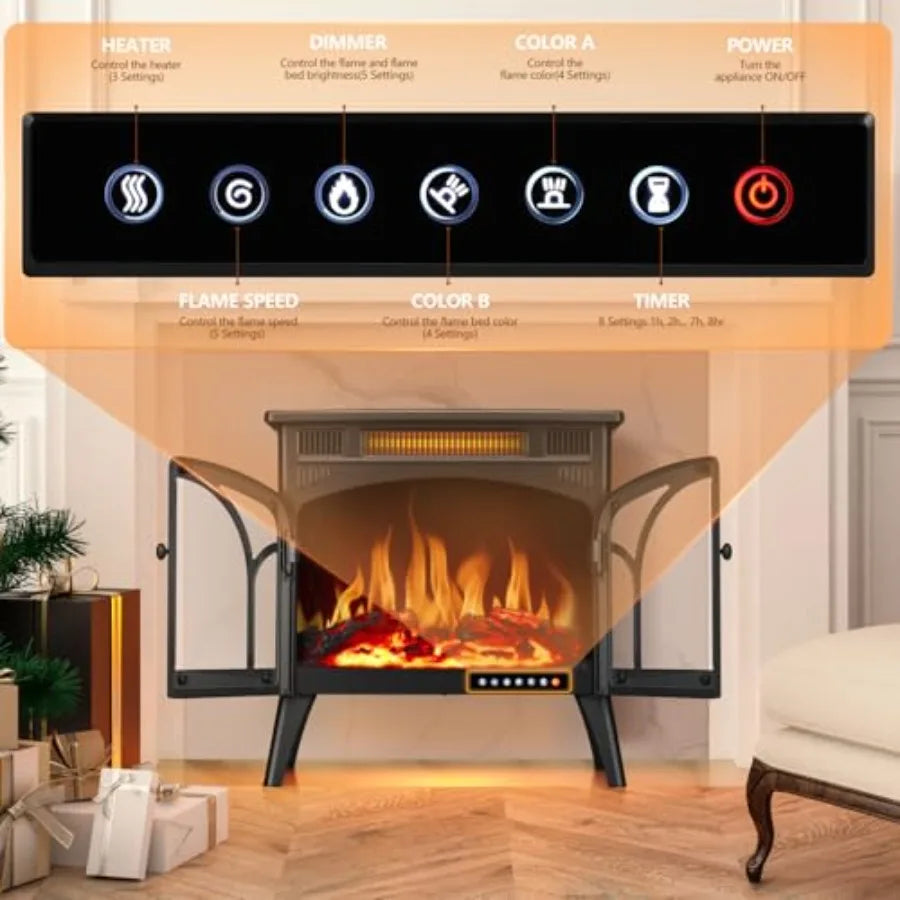 Electric Fireplace Heater 25 with Remote Control Cathedral Stylish Different Flame Effects and Log Set Colors Adjustable Bright