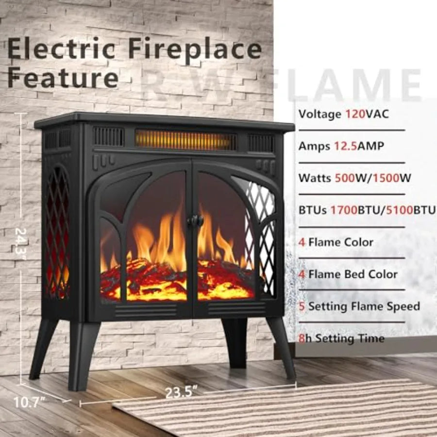 Electric Fireplace Heater 25 with Remote Control Cathedral Stylish Different Flame Effects and Log Set Colors Adjustable Bright