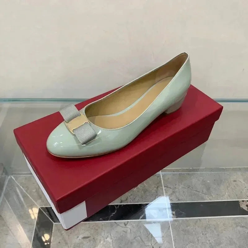 2025 Ballet flats new leather round head shallow bow multifunctional single shoes women's leather bow bow design