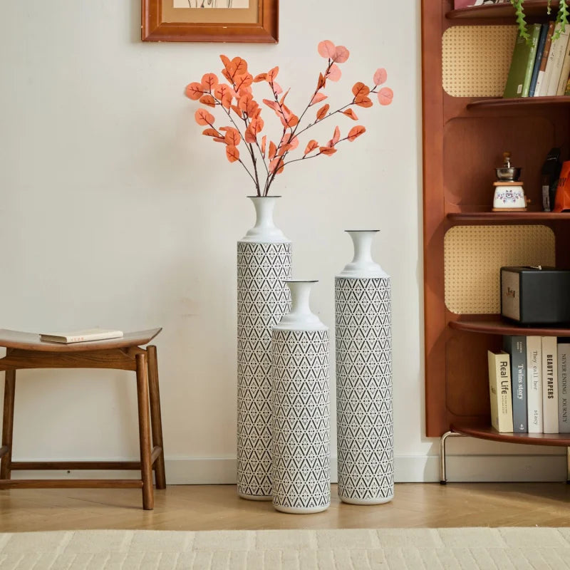Glazed Metal Vases Home Decoration Set 3 White 24in/28.7in/33.5in Height Elegant Living Room Floor Decor Shipping From The USA