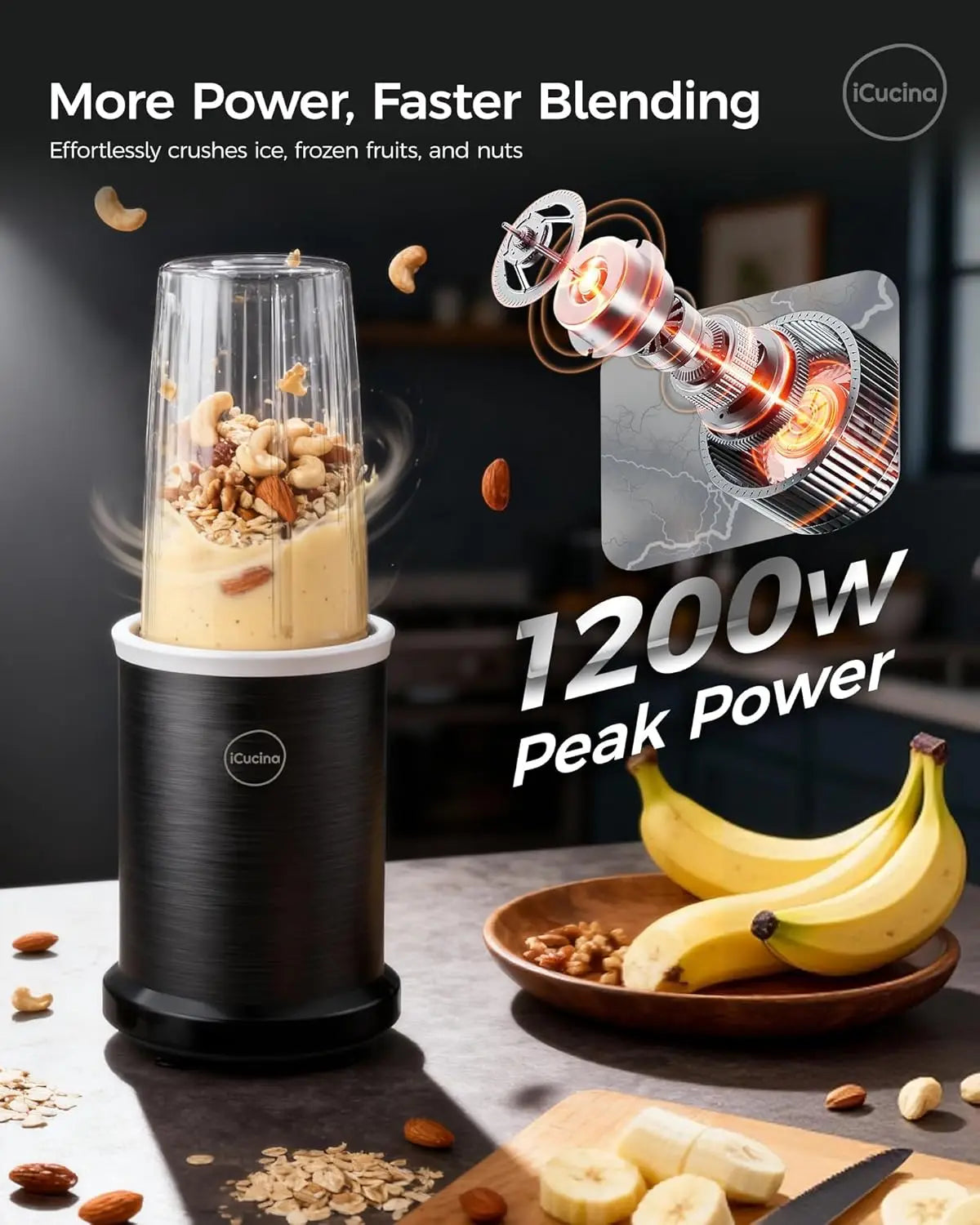 1000W Personal Blender for Smoothies and Shakes with Portable Cups, Ice Crushing, Bean Grinding, Black
