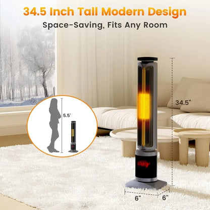 Auertech 34.5" Space Heaters,1500W PTC Electric Heater with 3D Flame,Oscillating Heater w/ 12H Timer,Portable Tower Heaters,Grey