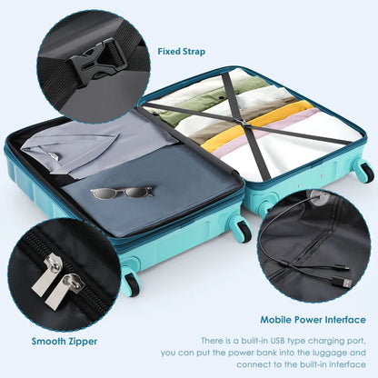 Luggage Sets 5 Piece 20-inch with USB Port ABS+PC Hard Shell Luggage with Travel Bag Spinner Wheels Durable Suitcase Blue