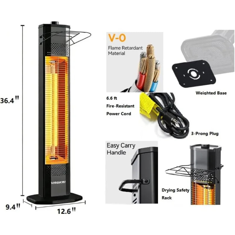 VAGKRI Outdoor Electric Patio Heater, 1500W 36" Infrared Heater with 2 Heat Tube, 3 Levels, Tip-Over&Overheat Protection, IPX5