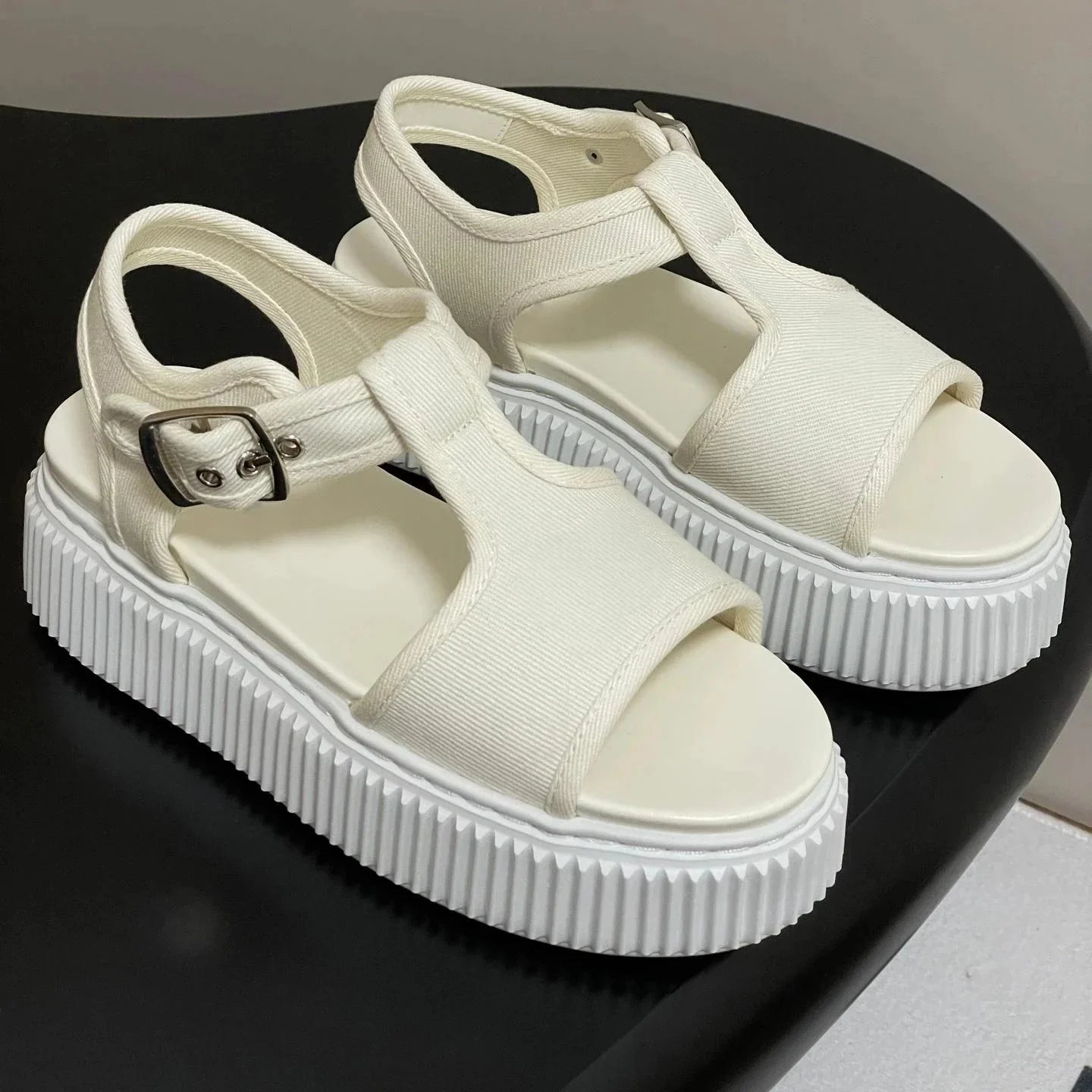 Newest Summer Canvas Shoes Fabric Open-Toe Thick Sole Buckle-Strap Woman Sandals Platform Mary Janes Gladiator Sandals