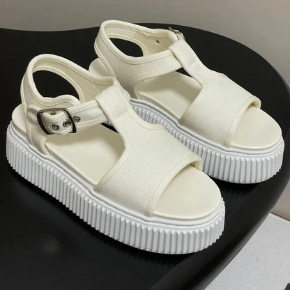Newest Summer Canvas Shoes Fabric Open-Toe Thick Sole Buckle-Strap Woman Sandals Platform Mary Janes Gladiator Sandals