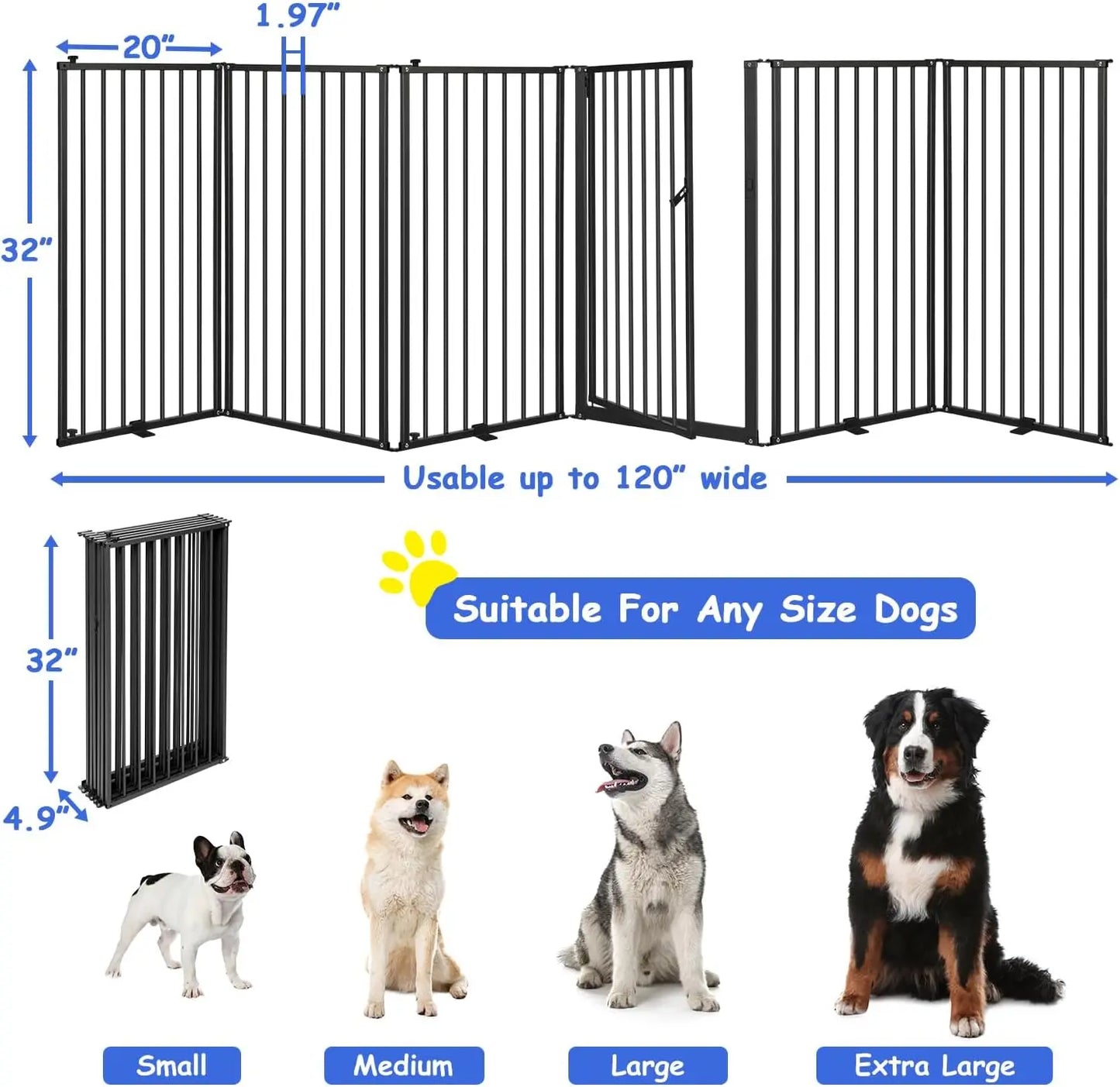 6-Panel Freestanding Metal Dog Gate with Door, 120''W Foldable Pet Fence for Indoor/Outdoor Use, 32''H Tall