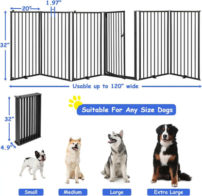 6-Panel Freestanding Metal Dog Gate with Door, 120''W Foldable Pet Fence for Indoor/Outdoor Use, 32''H Tall