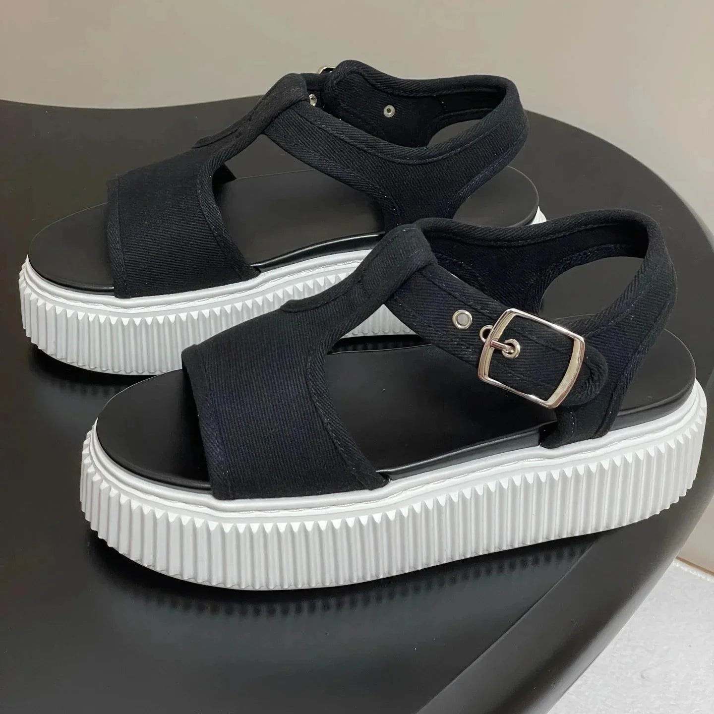 Newest Summer Canvas Shoes Fabric Open-Toe Thick Sole Buckle-Strap Woman Sandals Platform Mary Janes Gladiator Sandals