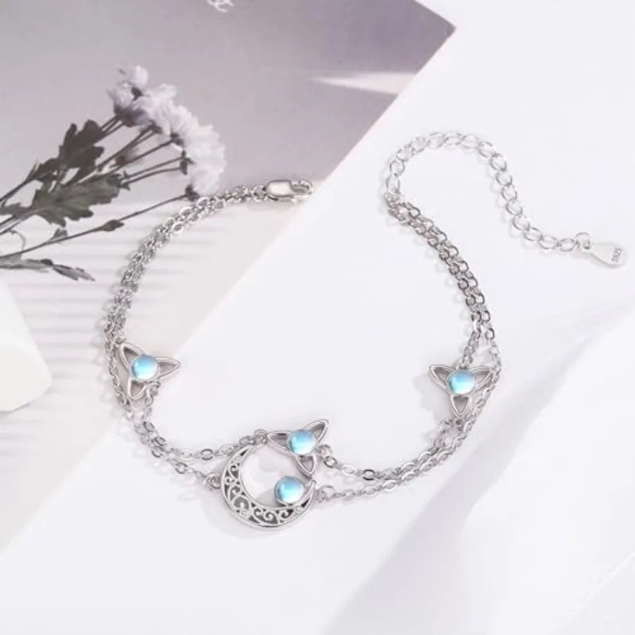 Moon Layered Bracelet 925 Sterling Silver Celtic Moon Moonstone Anklet Irish Celtic Knot Jewelry Gifts for Women